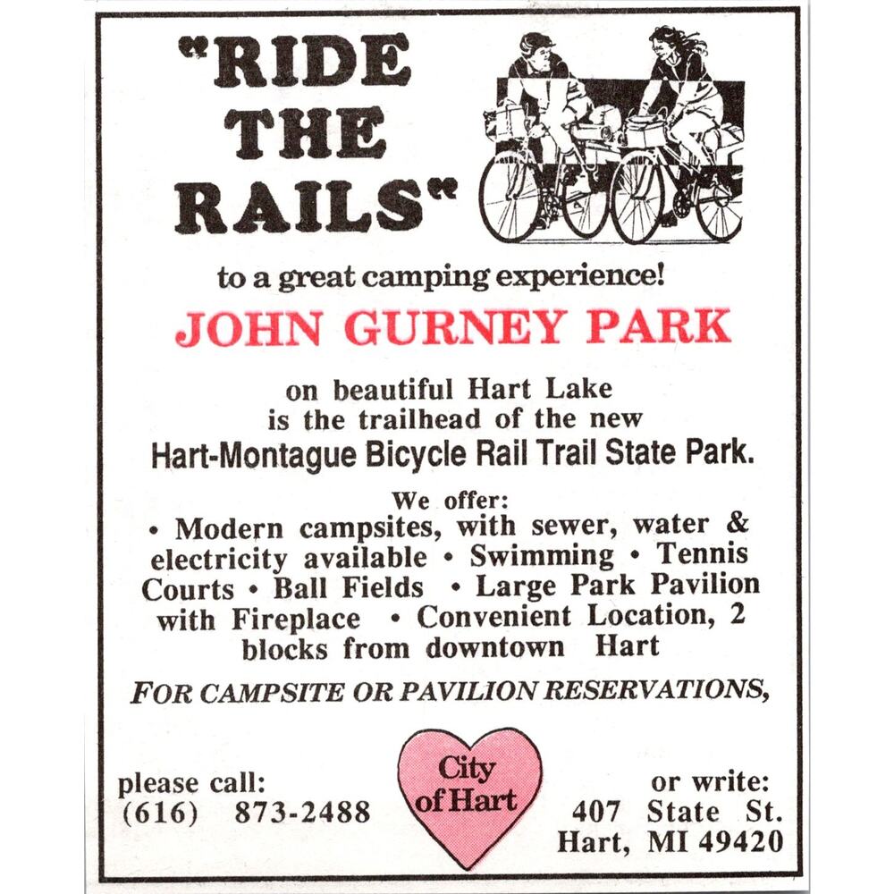 John Gurney Park Hart-Montague Bicycle Rail Trail Hart MI 1990 MI Ad SAJ9-H2 - Picture 2 of 2